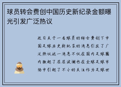 球员转会费创中国历史新纪录金额曝光引发广泛热议 球员转会费创中国历史新纪录金额曝光引发广泛热议