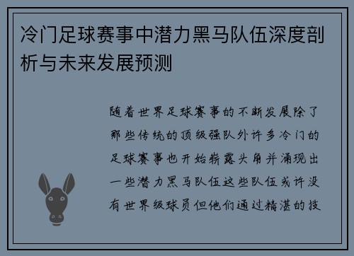 冷门足球赛事中潜力黑马队伍深度剖析与未来发展预测